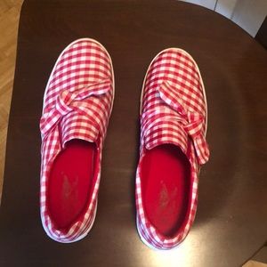 Red and white checked slip on shoes with bow